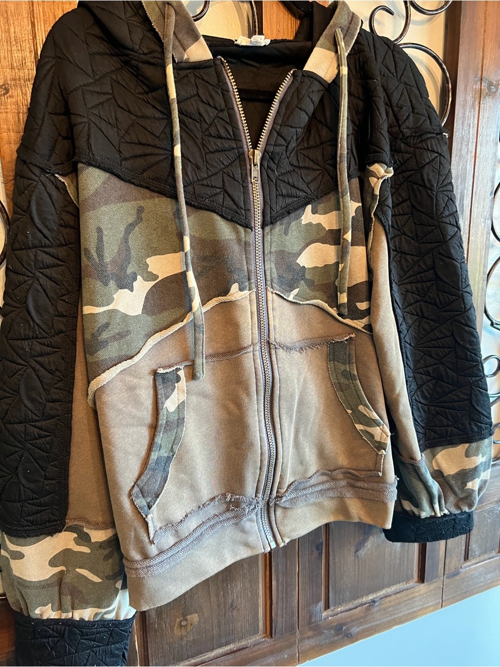 Womens POL Camo & Black Quilted Zip Hoodie Jacket